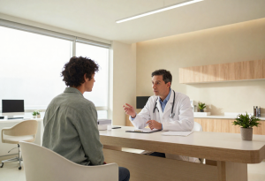 patient speaking with a doctor in a clinic, illustrating trusted medical advice and references