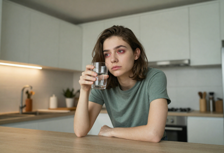 Alcohol and Your Eyes: Why Drinking Makes Them Red, Tired, or Blurry Young adult with slightly red and tired eyes holding a glass of water, illustrating how alcohol affects eye appearance and hydration